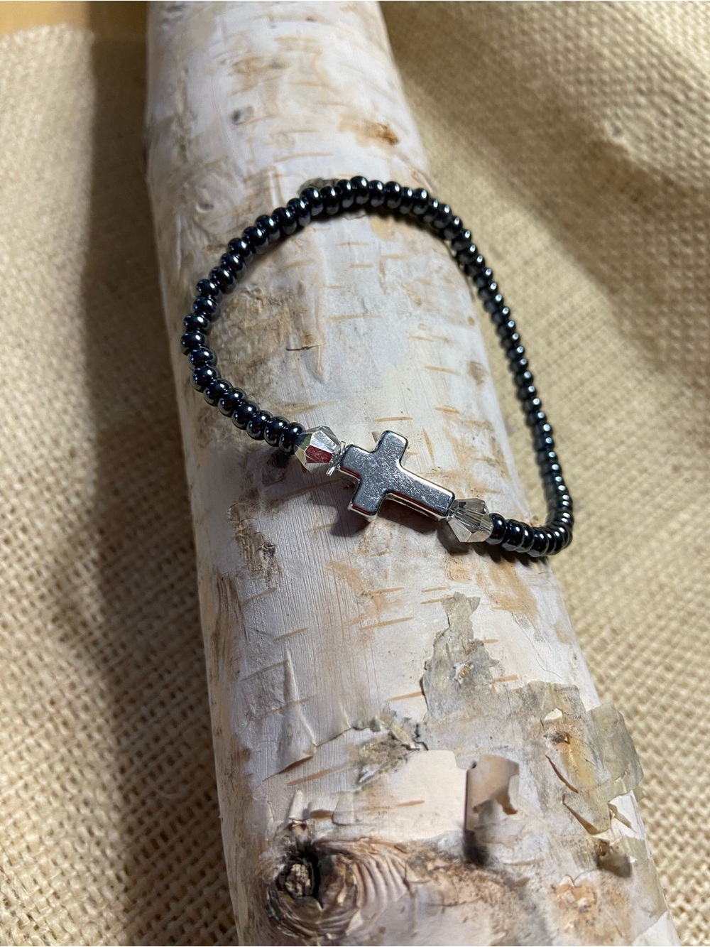 Hematite Beaded Bracelet with Silver Cross